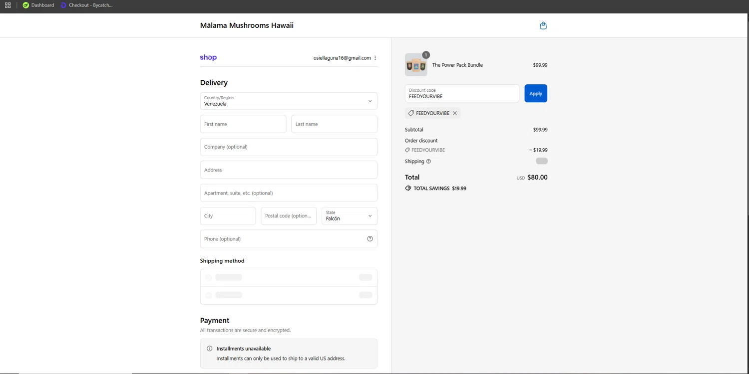 Malama Mushrooms discount code screenshot showing code FEEDYOURVIBE applied at Malama Mushrooms checkout page. Uploaded by SimplyCodes community member ishidashoya on Sep 14, 2025
