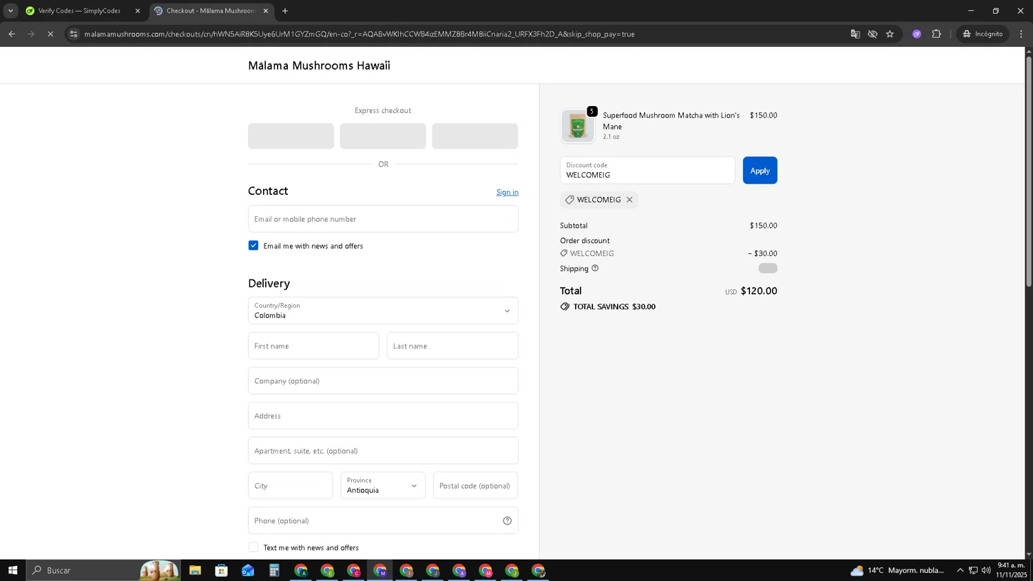 Malama Mushrooms discount code screenshot showing code WELCOMEIG applied at Malama Mushrooms checkout page. Uploaded by SimplyCodes community member CRF250CC on Nov 11, 2025
