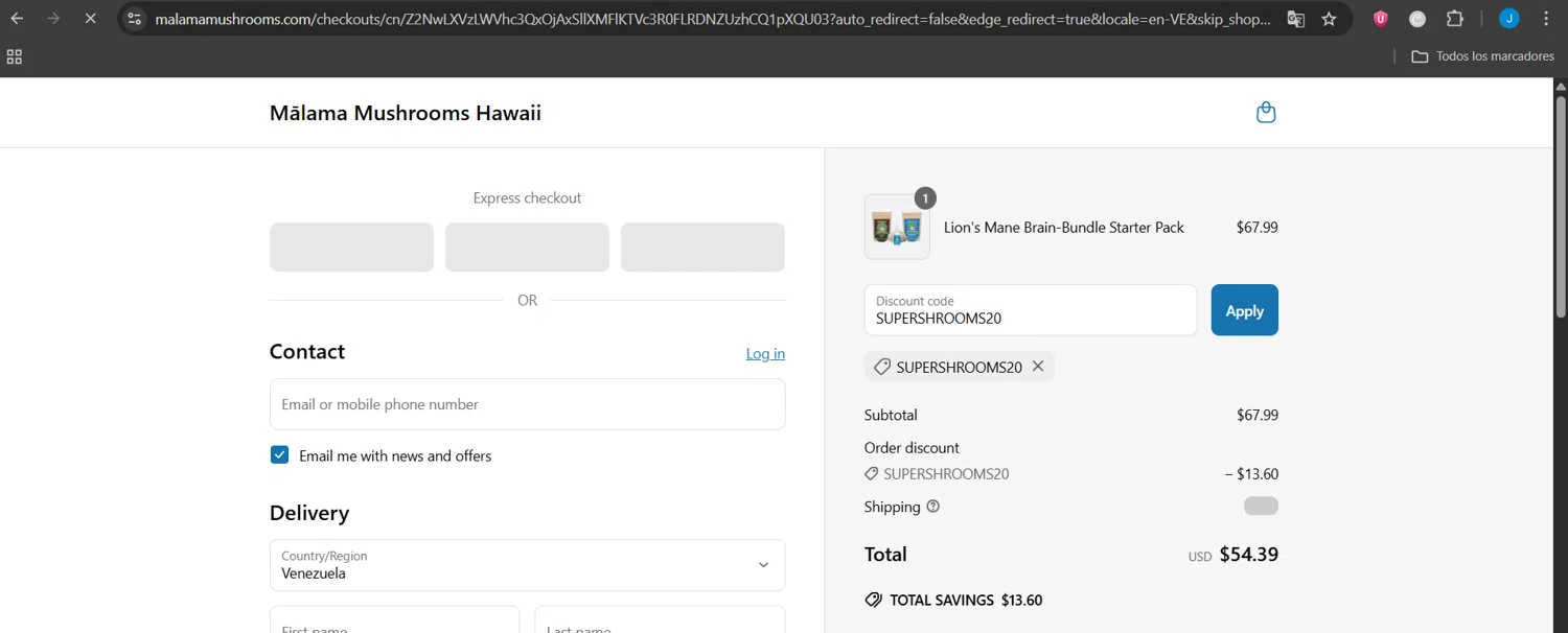 Malama Mushrooms discount code screenshot showing code SUPERSHROOMS20 applied at Malama Mushrooms checkout page. Uploaded by SimplyCodes community member Jeanjc on Jun 28, 2025