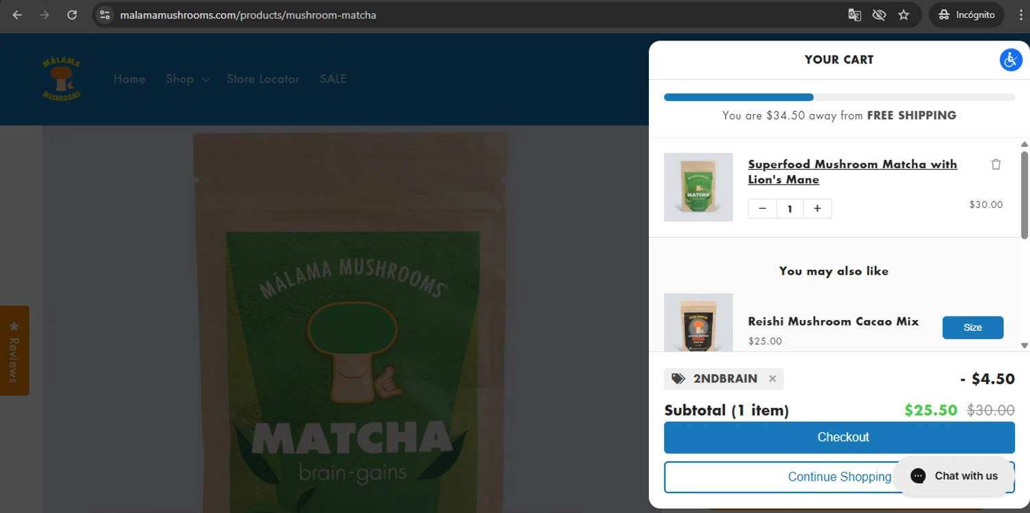 Malama Mushrooms discount code screenshot showing code 2NDBRAIN applied at Malama Mushrooms checkout page. Uploaded by SimplyCodes community member UchihaMadara on Mar 31, 2025