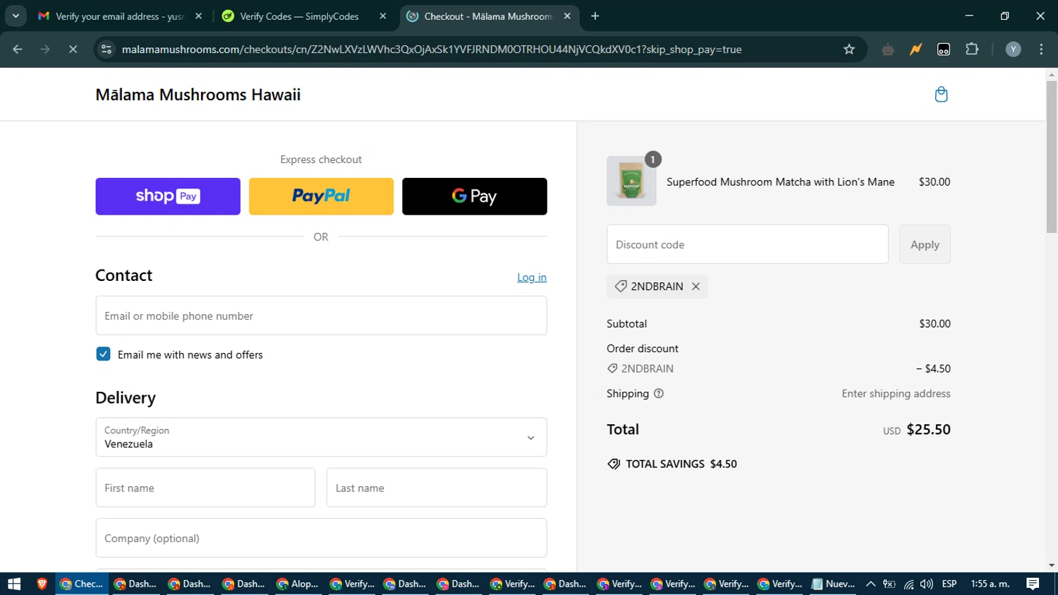 Malama Mushrooms discount code screenshot showing code 2NDBRAIN applied at Malama Mushrooms checkout page. Uploaded by SimplyCodes community member MoneyTiger5162 on Feb 25, 2025