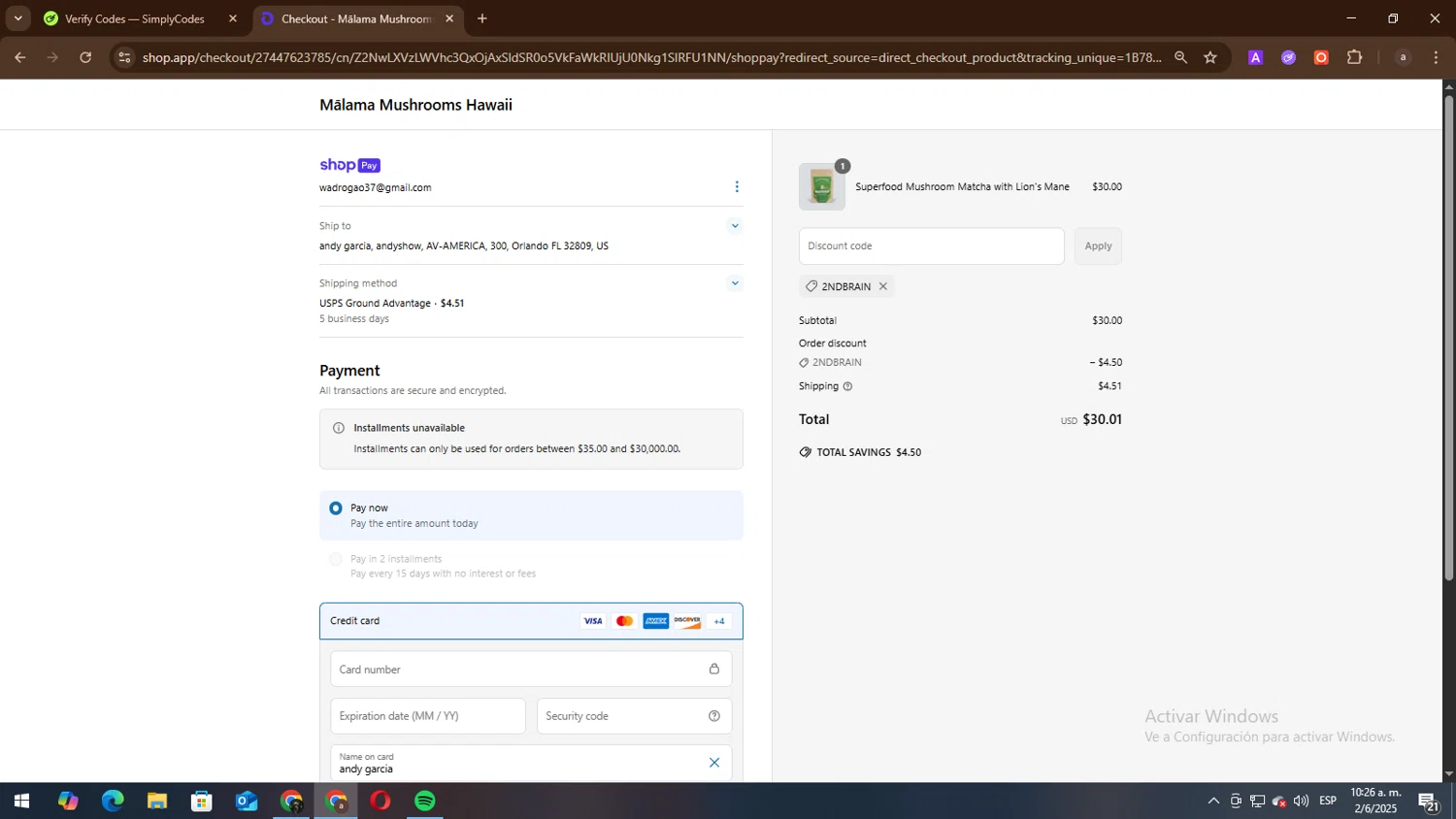 Malama Mushrooms discount code screenshot showing code 2NDBRAIN applied at Malama Mushrooms checkout page. Uploaded by SimplyCodes community member lisandro on Jun 2, 2025