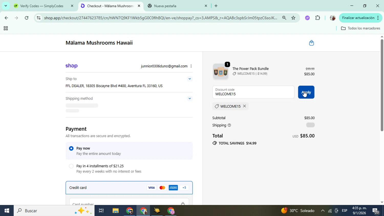 Malama Mushrooms checkout page showing Malama Mushrooms discount code box | Screenshot taken by SimplyCodes community member on Jan 9, 2026