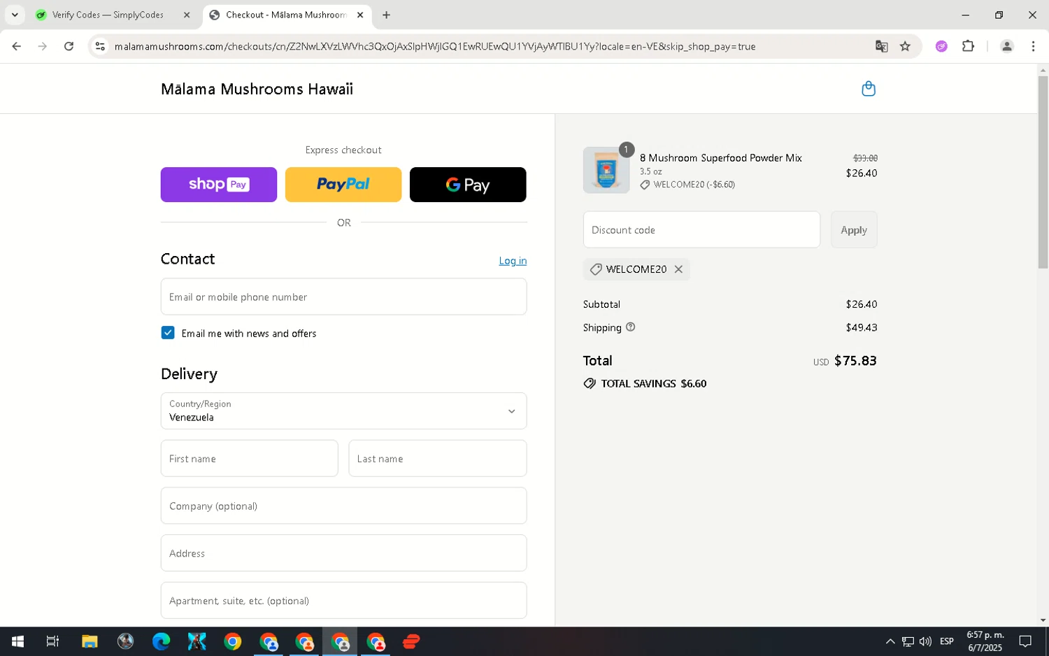 Malama Mushrooms discount code screenshot showing code WELCOME20 applied at Malama Mushrooms checkout page. Uploaded by SimplyCodes community member ScanNavigator5190 on Jul 6, 2025