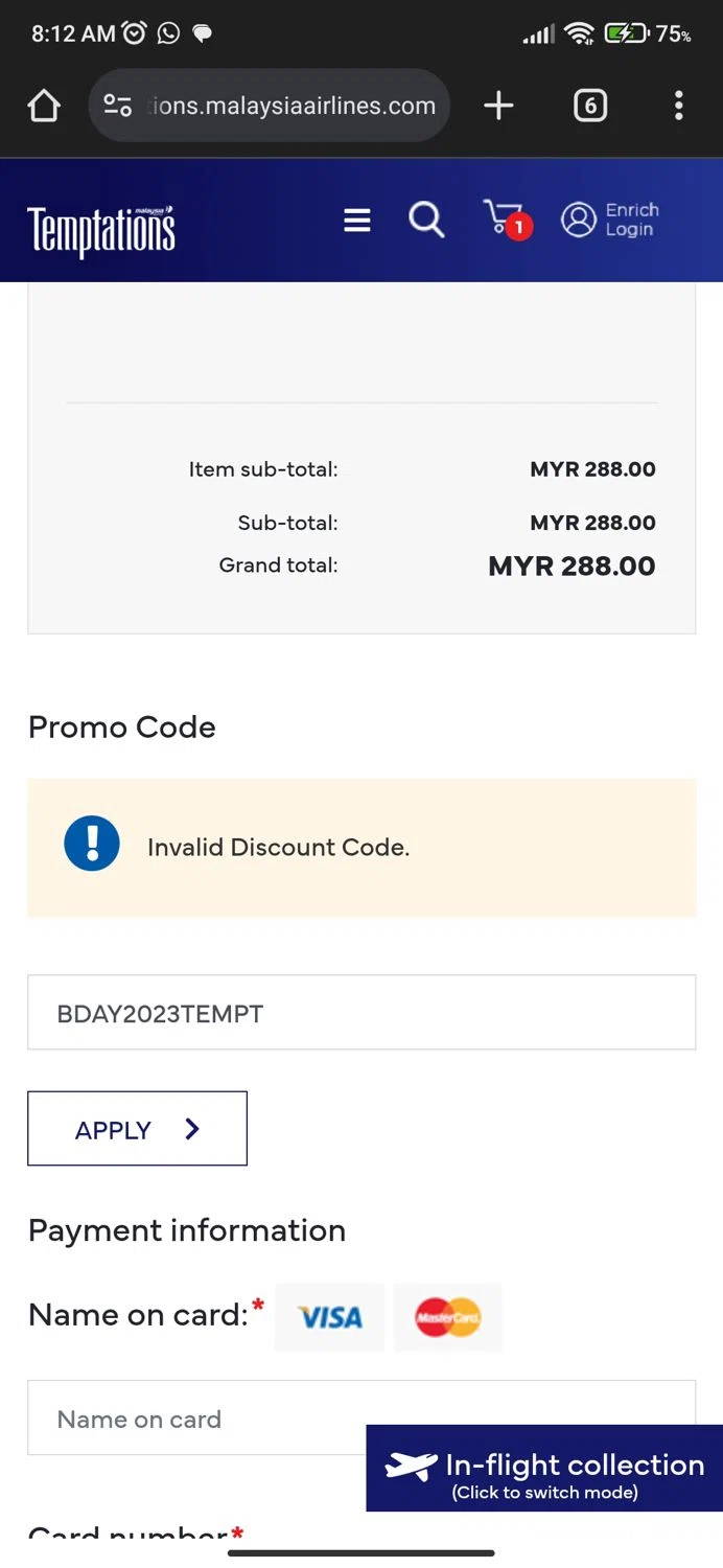 Malaysia Airlines promo code screenshot showing code BDAY2023TEMPT applied at Malaysia Airlines checkout page. Uploaded by SimplyCodes community member Mortek on Mar 21, 2025