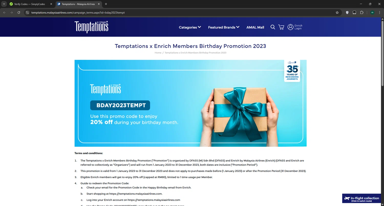 Malaysia Airlines promo code screenshot showing code BDAY2023TEMPT applied at Malaysia Airlines checkout page. Uploaded by SimplyCodes community member manuelchirinos2 on Mar 21, 2025