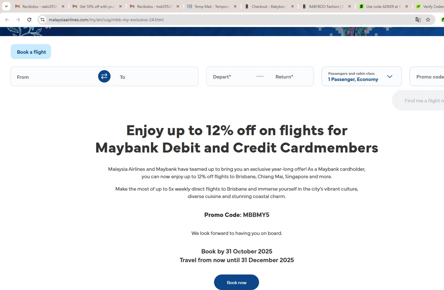 Malaysia Airlines promo code screenshot showing code MBBMY5 applied at Malaysia Airlines checkout page. Uploaded by SimplyCodes community member LAGUGU on Sep 28, 2025