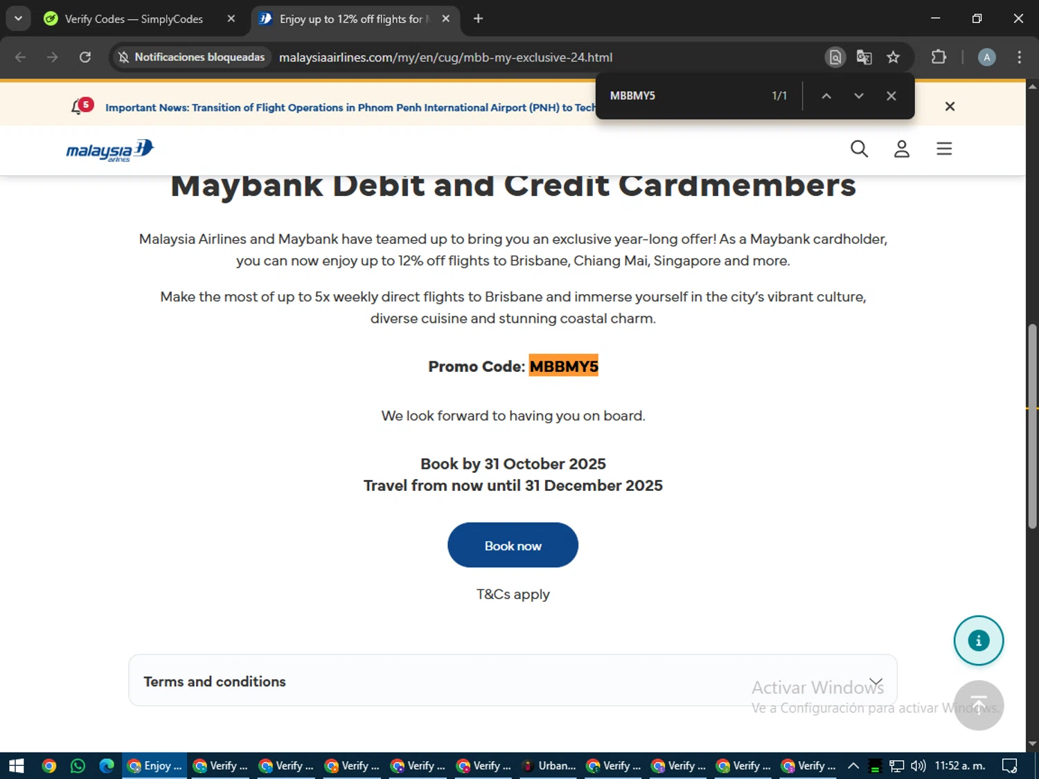 Malaysia Airlines promo code screenshot showing code MBBMY5 applied at Malaysia Airlines checkout page. Uploaded by SimplyCodes community member trippieredd on Jul 19, 2025