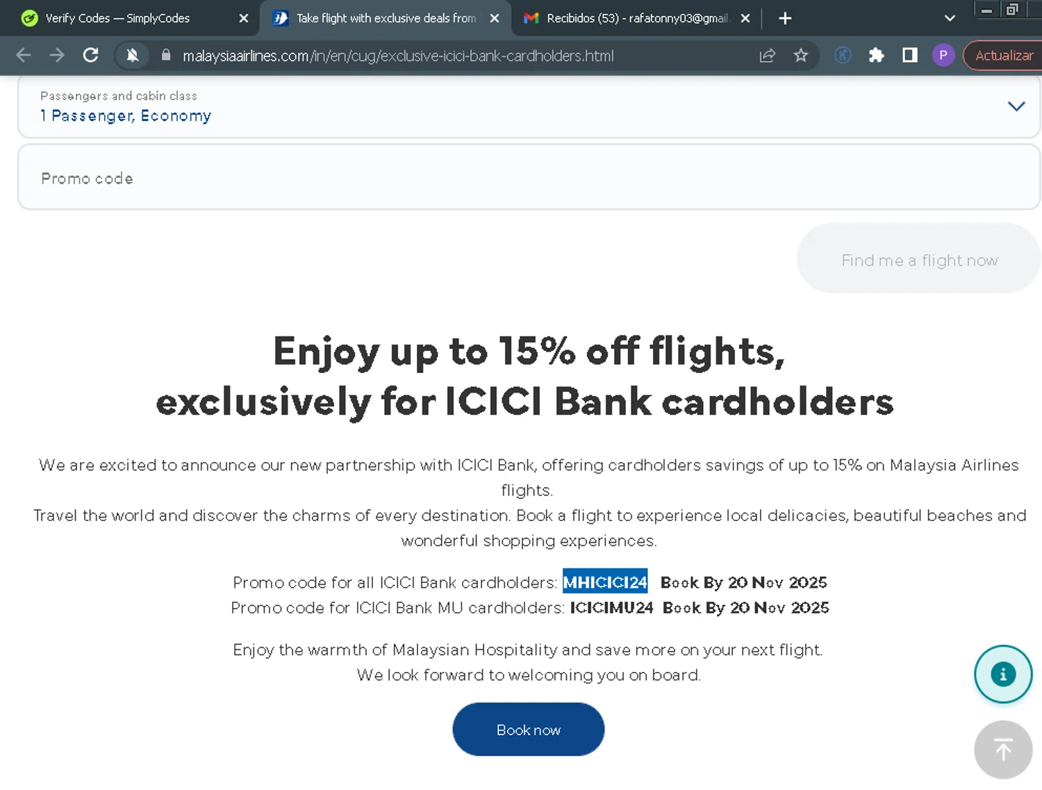 Malaysia Airlines promo code screenshot showing code ICICIMU24 applied at Malaysia Airlines checkout page. Uploaded by SimplyCodes community member ParisSmith on Aug 1, 2025