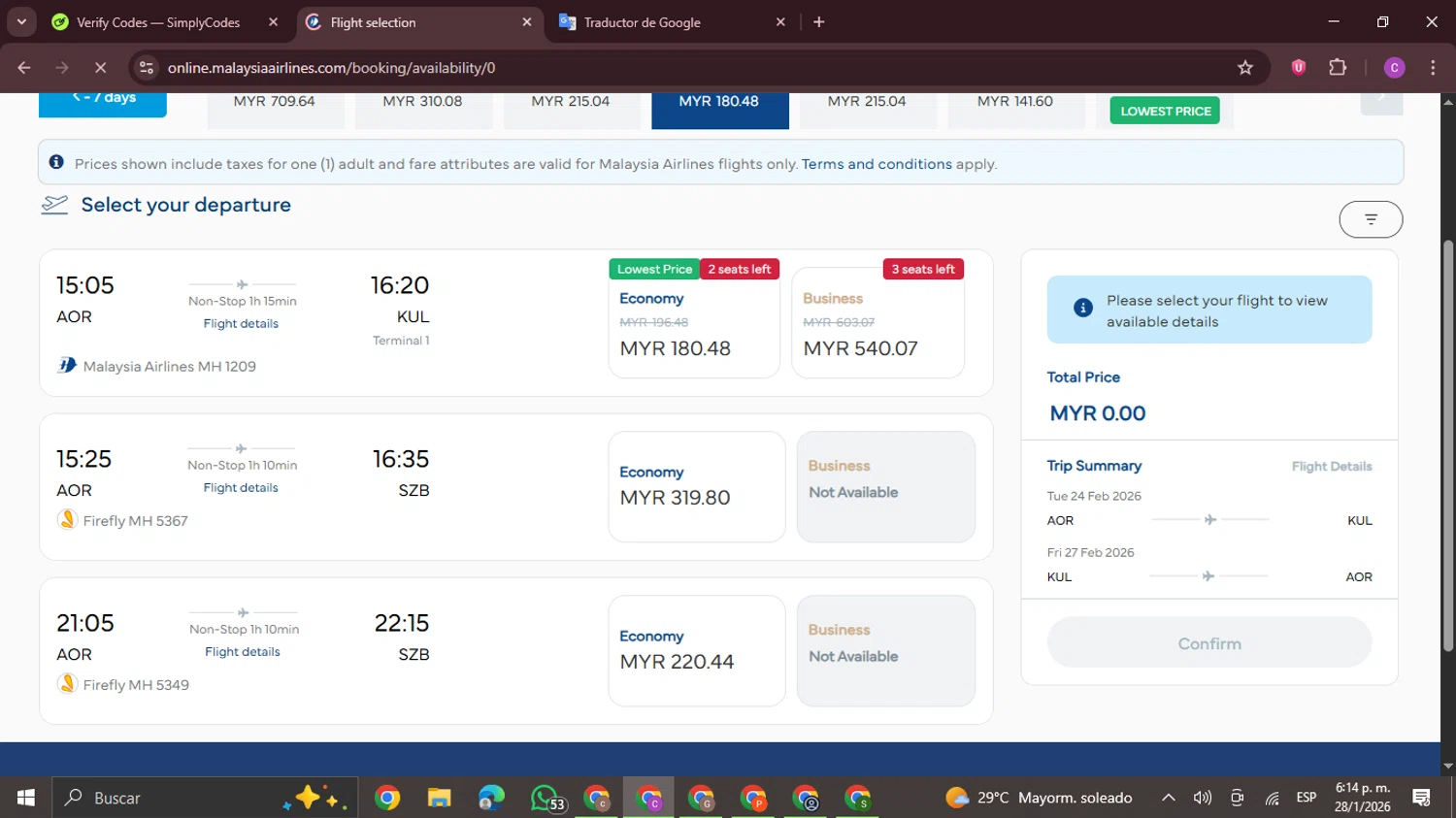Malaysia Airlines checkout page showing Malaysia Airlines promo code box | Screenshot taken by SimplyCodes community member on Jan 28, 2026