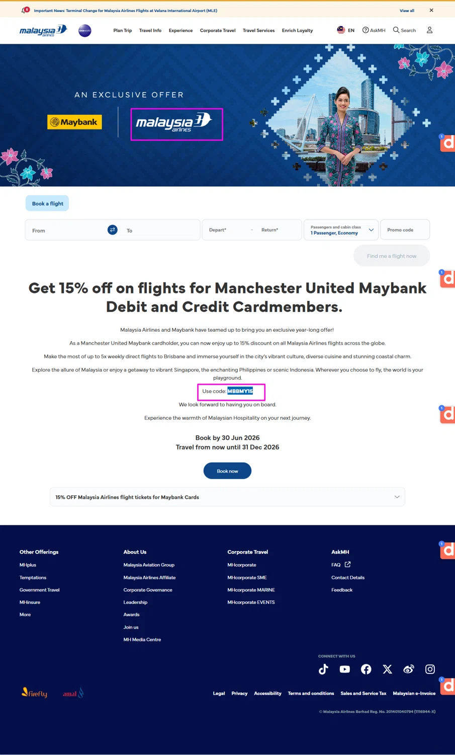 Malaysia Airlines promo code screenshot showing code MBBMY15 applied at Malaysia Airlines checkout page. Uploaded by SimplyCodes community member mrdarcy on Jan 28, 2026