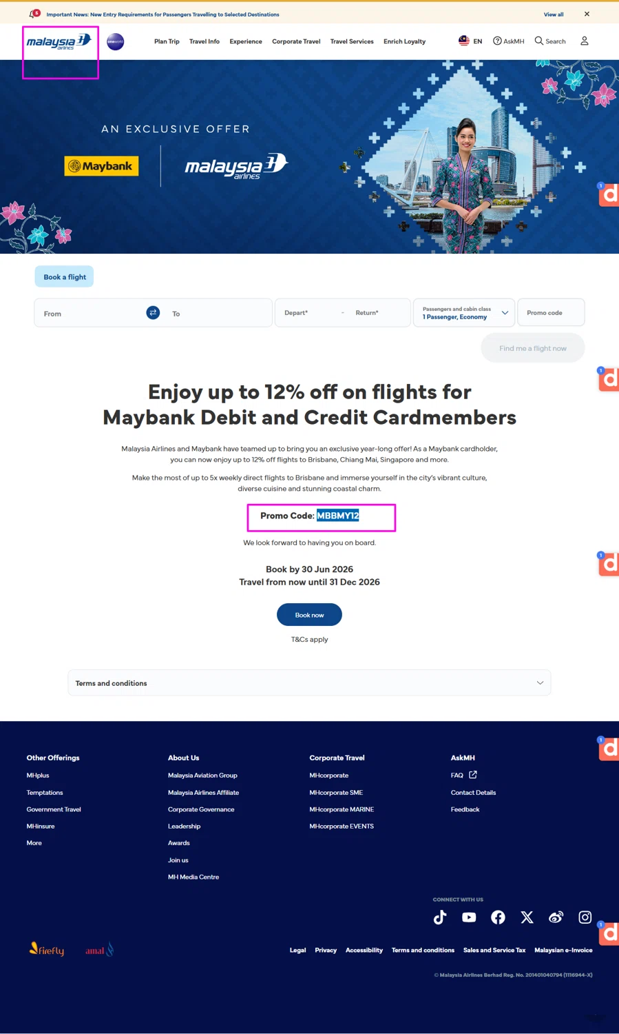 Malaysia Airlines promo code screenshot showing code MBBMY12 applied at Malaysia Airlines checkout page. Uploaded by SimplyCodes community member mrdarcy on Jan 28, 2026