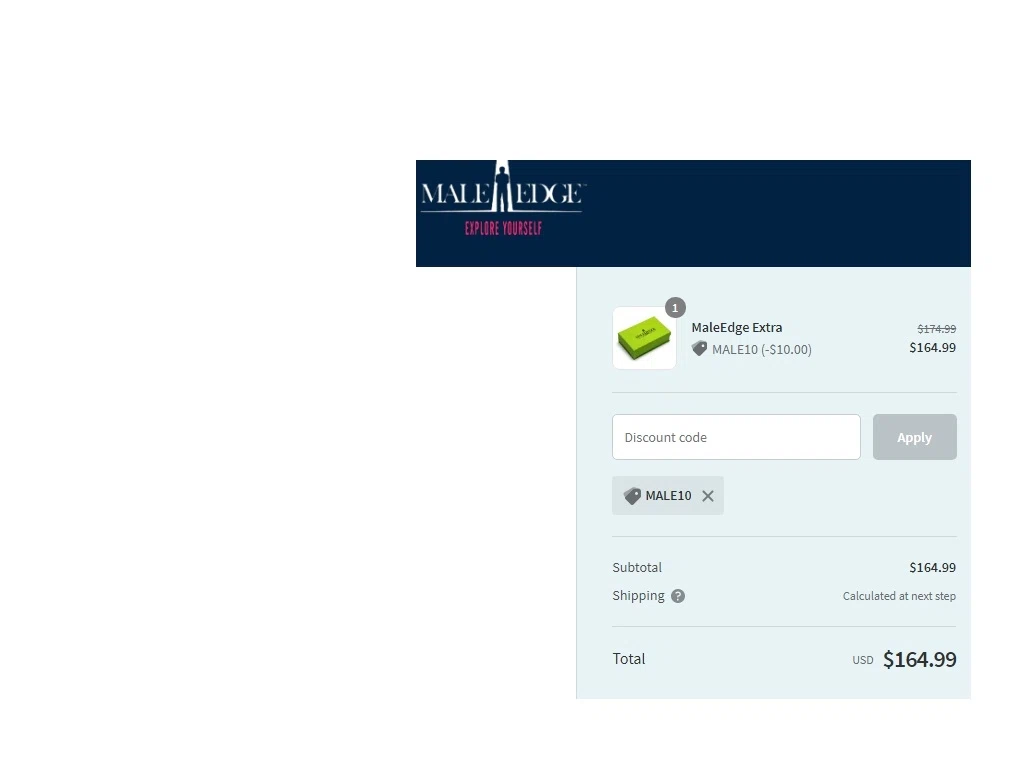 MaleEdge checkout page showing MaleEdge promo code box | Screenshot taken by SimplyCodes community member on Feb 25, 2021