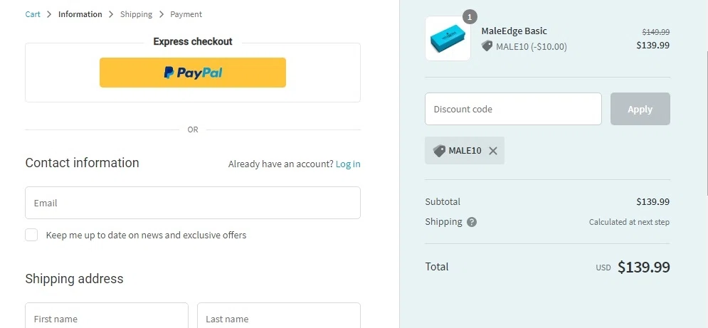 MaleEdge checkout page showing MaleEdge promo code box | Screenshot taken by SimplyCodes community member on Aug 5, 2020