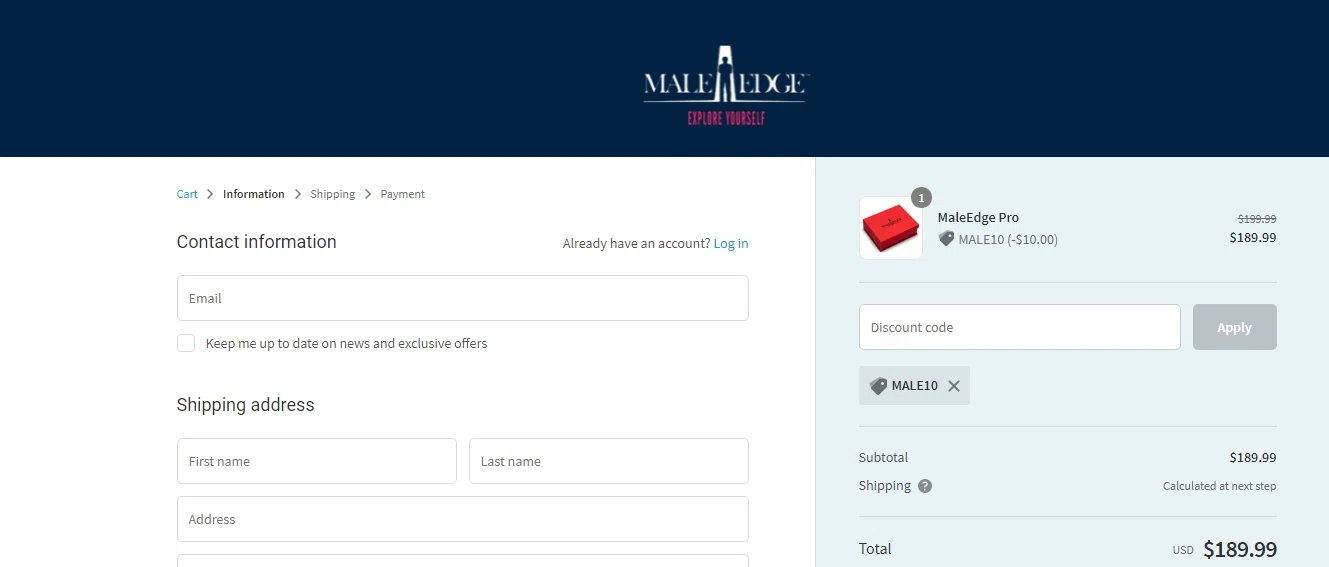 MaleEdge checkout page showing MaleEdge promo code box | Screenshot taken by SimplyCodes community member on May 1, 2021