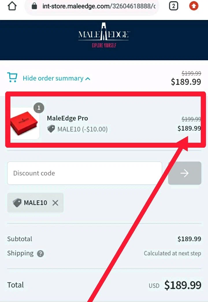 MaleEdge checkout page showing MaleEdge promo code box | Screenshot taken by SimplyCodes community member on Jul 12, 2021