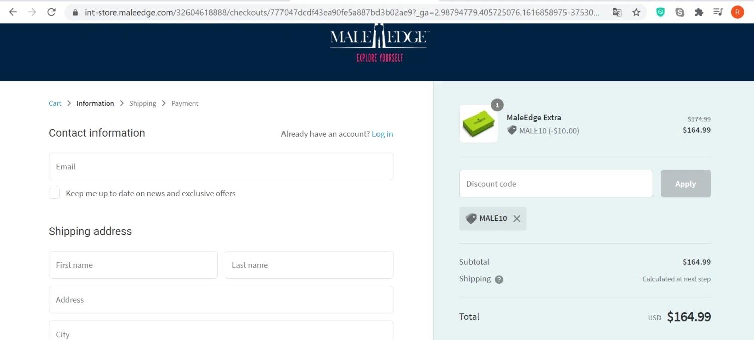 MaleEdge checkout page showing MaleEdge promo code box | Screenshot taken by SimplyCodes community member on Mar 27, 2021
