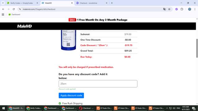MaleMD checkout page showing MaleMD discount code box | Screenshot taken by SimplyCodes community member on Aug 31, 2025