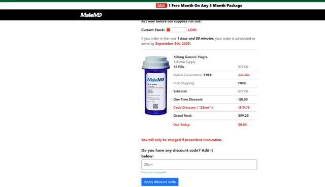 MaleMD checkout page showing MaleMD discount code box | Screenshot taken by SimplyCodes community member on Sep 4, 2025
