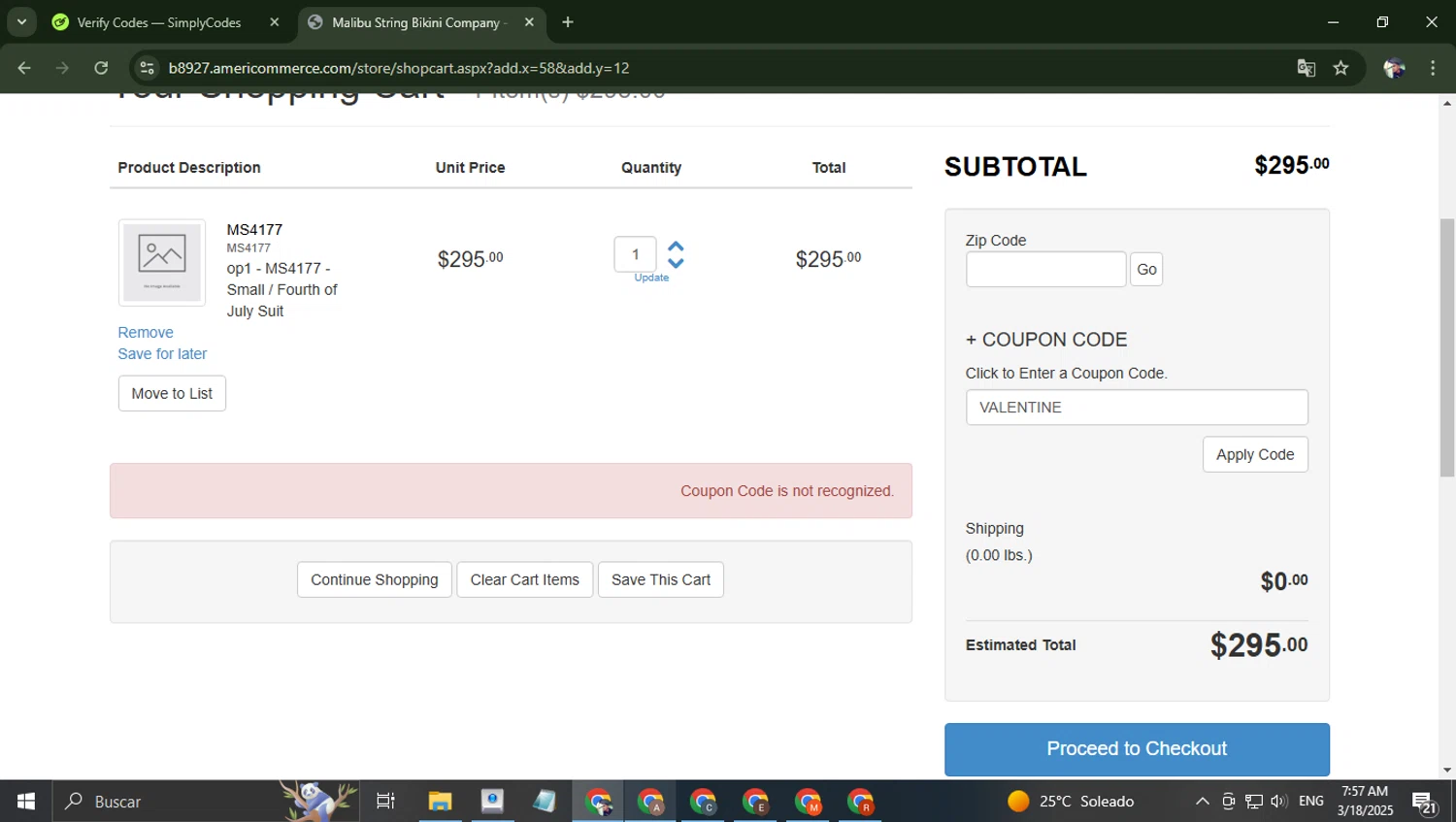 Malibu Strings coupon code screenshot showing code VALENTINE applied at Malibu Strings checkout page. Uploaded by SimplyCodes community member alfredohernandez on Mar 18, 2025