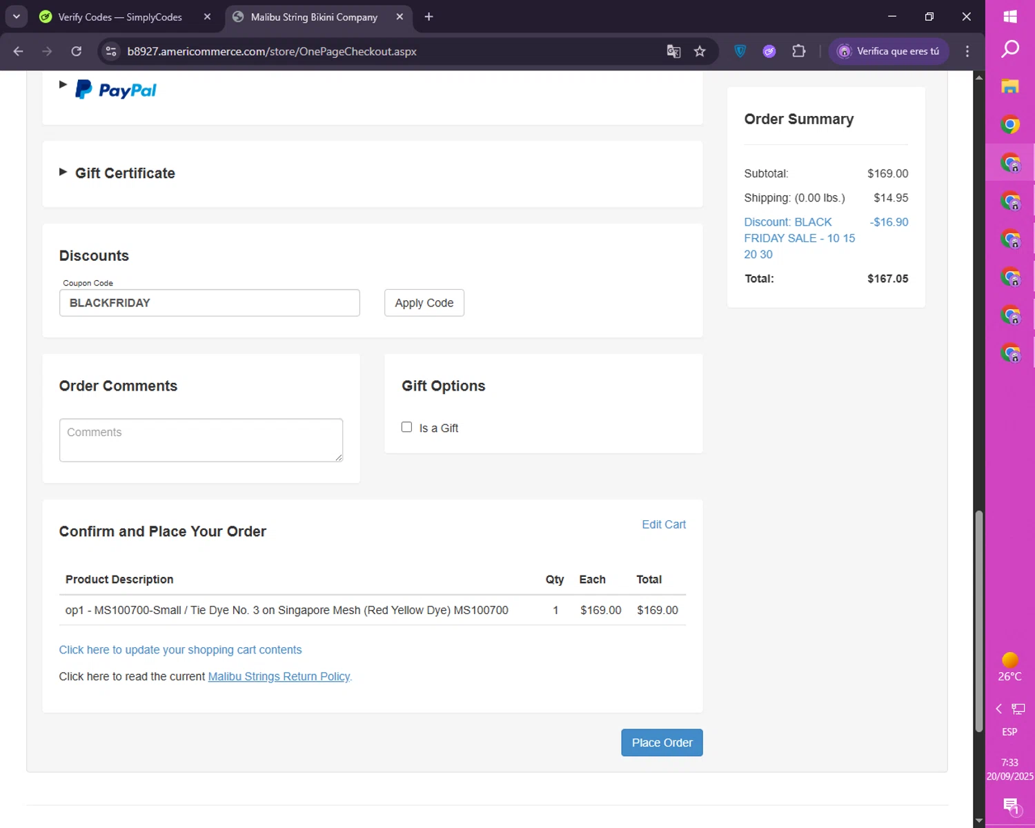 Malibu Strings coupon code screenshot showing code BLACKFRIDAY applied at Malibu Strings checkout page. Uploaded by SimplyCodes community member CoinRanger7926 on Sep 20, 2025