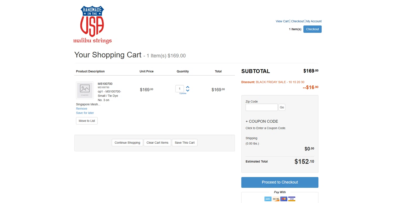 Malibu Strings coupon code screenshot showing code BLACKFRIDAY applied at Malibu Strings checkout page. Uploaded by SimplyCodes community member VoucherLynx1047 on Jul 24, 2025