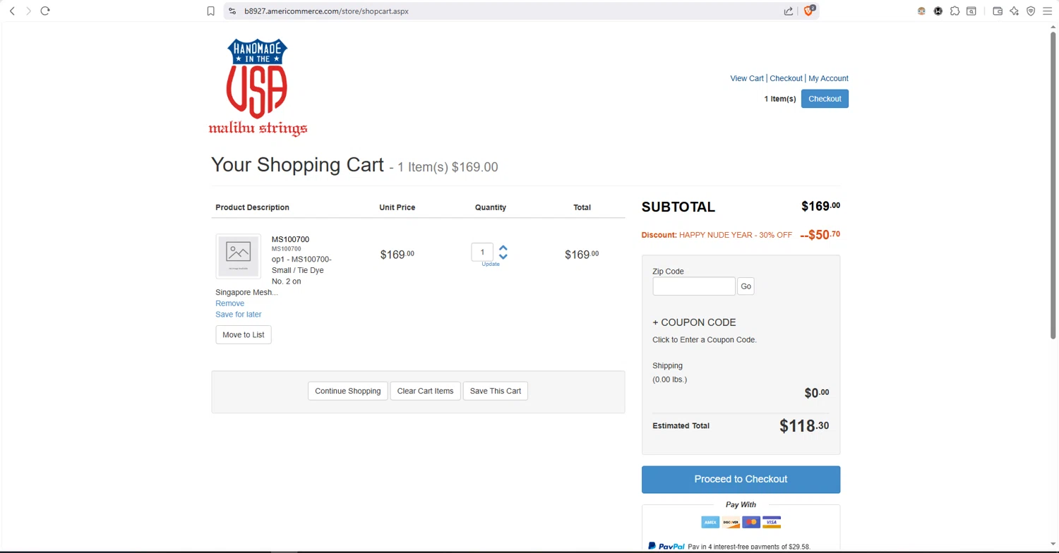 Malibu Strings checkout page showing Malibu Strings coupon code box | Screenshot taken by SimplyCodes community member on Jan 2, 2026
