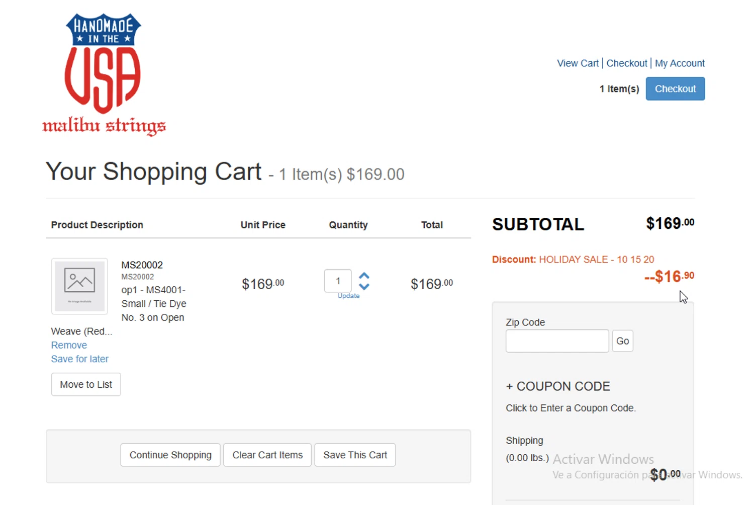 Malibu Strings checkout page showing Malibu Strings coupon code box | Screenshot taken by SimplyCodes community member on Dec 7, 2025