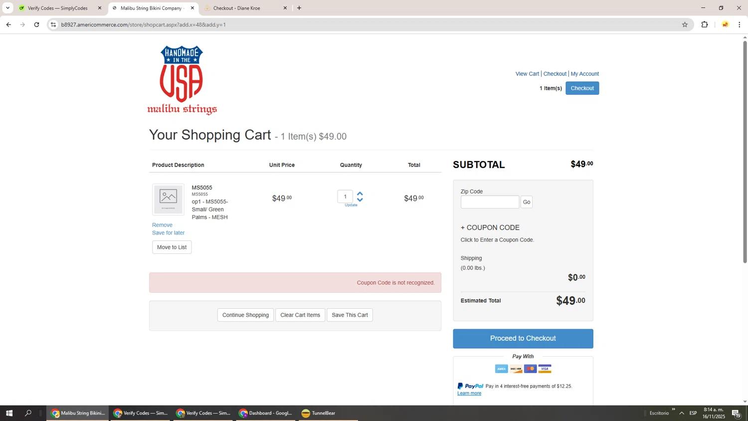 Malibu Strings coupon code screenshot showing code chudai applied at Malibu Strings checkout page. Uploaded by SimplyCodes community member Richard251 on Nov 16, 2025