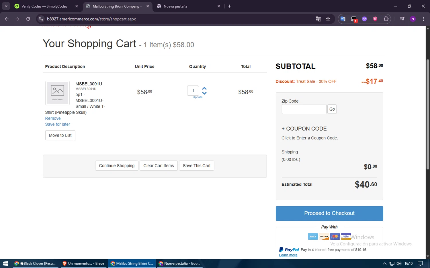Malibu Strings coupon code screenshot showing code TREAT applied at Malibu Strings checkout page. Uploaded by SimplyCodes community member Voucher200 on Oct 29, 2025