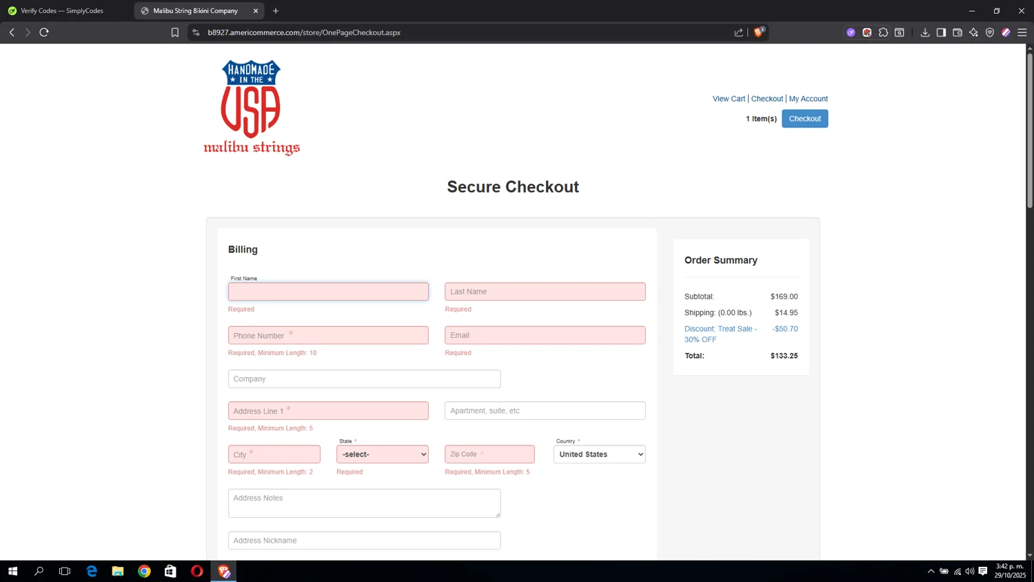 Malibu Strings coupon code screenshot showing code TREAT applied at Malibu Strings checkout page. Uploaded by SimplyCodes community member miguel02 on Oct 29, 2025