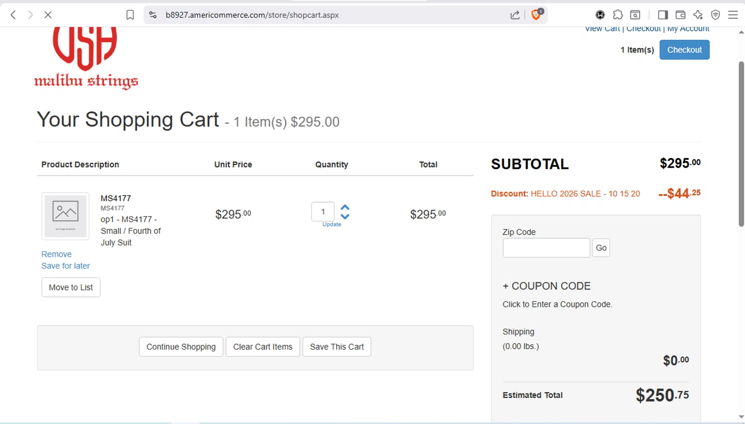 Malibu Strings checkout page showing Malibu Strings coupon code box | Screenshot taken by SimplyCodes community member on Jan 10, 2026