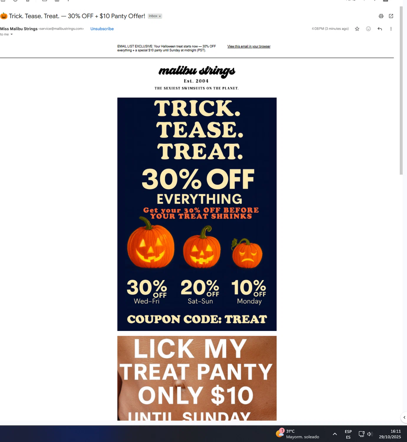 Malibu Strings coupon code screenshot showing code TREAT applied at Malibu Strings checkout page. Uploaded by SimplyCodes community member UnkNownVnzla on Oct 29, 2025