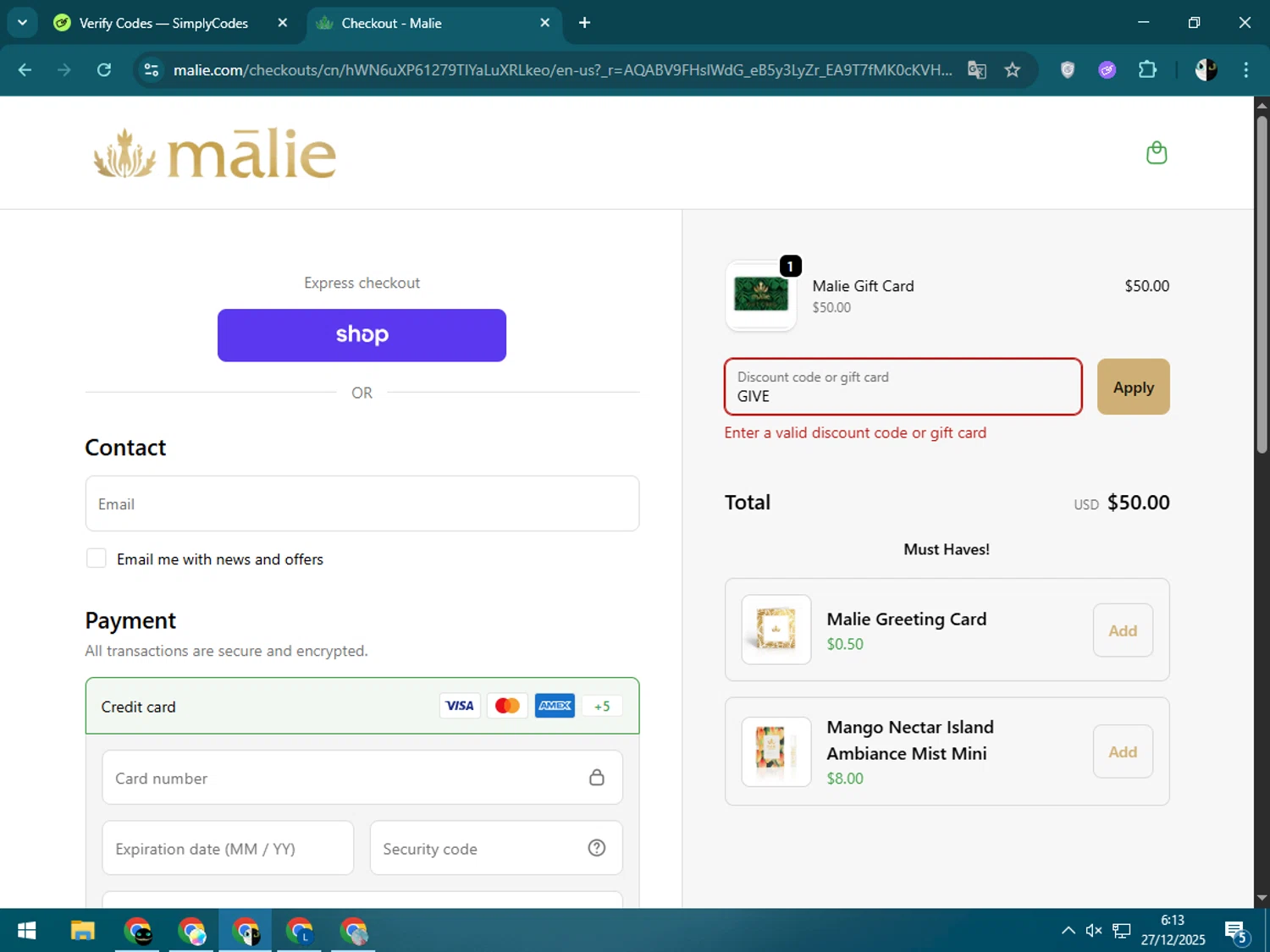Malie Organics discount code screenshot showing code GIVE applied at Malie Organics checkout page. Uploaded by SimplyCodes community member CleverSage9163 on Dec 27, 2025