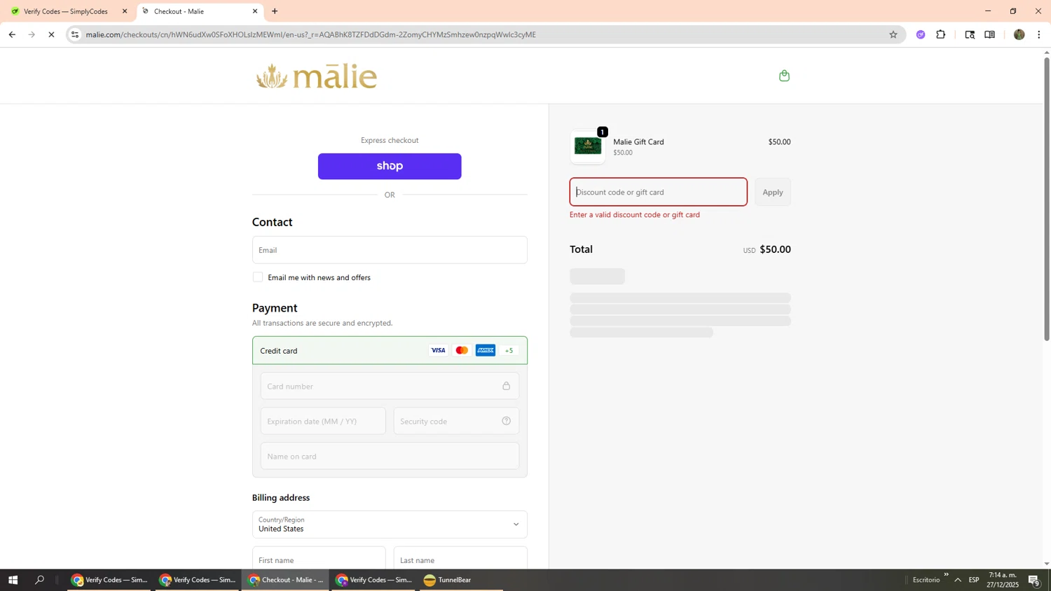Malie Organics discount code screenshot showing code GIVE applied at Malie Organics checkout page. Uploaded by SimplyCodes community member Phoenix585 on Dec 27, 2025