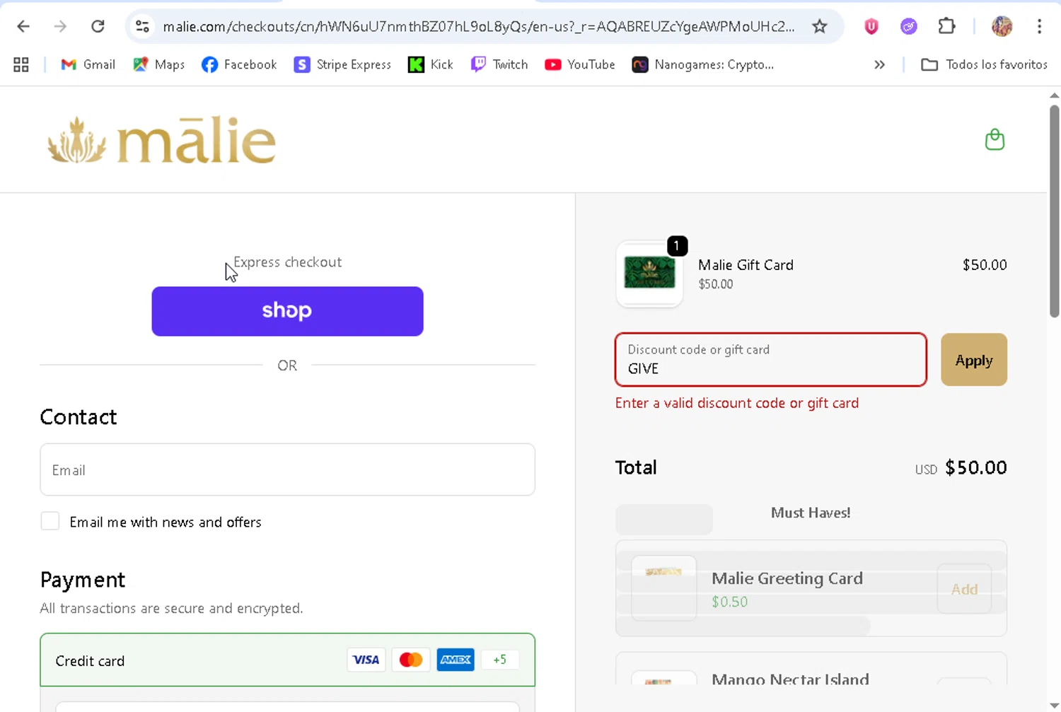 Malie Organics discount code screenshot showing code GIVE applied at Malie Organics checkout page. Uploaded by SimplyCodes community member ronaldhernandez on Dec 27, 2025