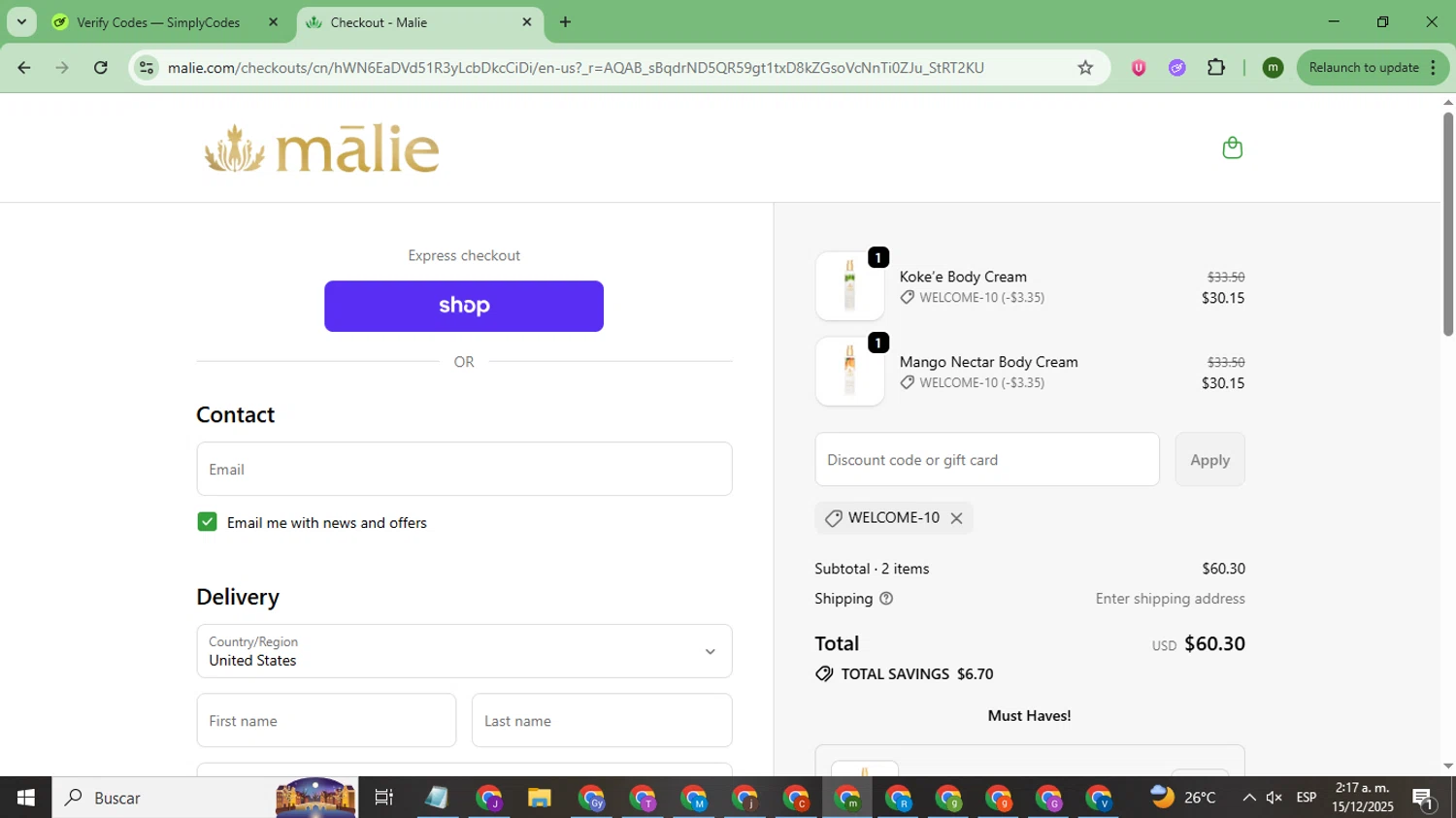 Malie Organics discount code screenshot showing code welcome-10 applied at Malie Organics checkout page. Uploaded by SimplyCodes community member CoinSage7057 on Dec 15, 2025
