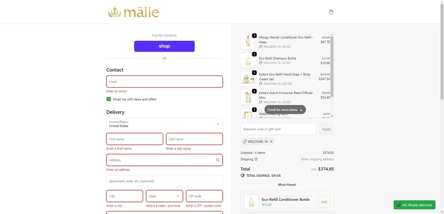 Malie Organics discount code screenshot showing code welcome-10 applied at Malie Organics checkout page. Uploaded by SimplyCodes community member NobleMaestro6498 on Feb 8, 2026