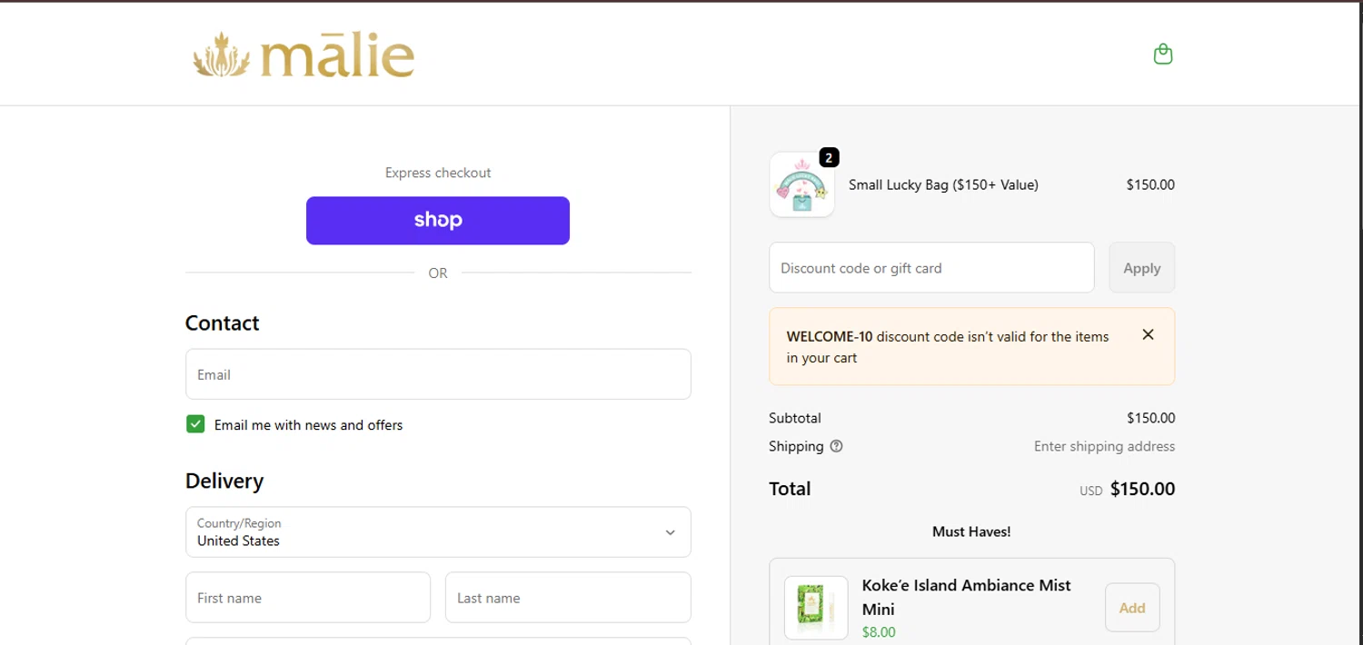 Malie Organics discount code screenshot showing code welcome-10 applied at Malie Organics checkout page. Uploaded by SimplyCodes community member juanisaac on Jan 1, 2026