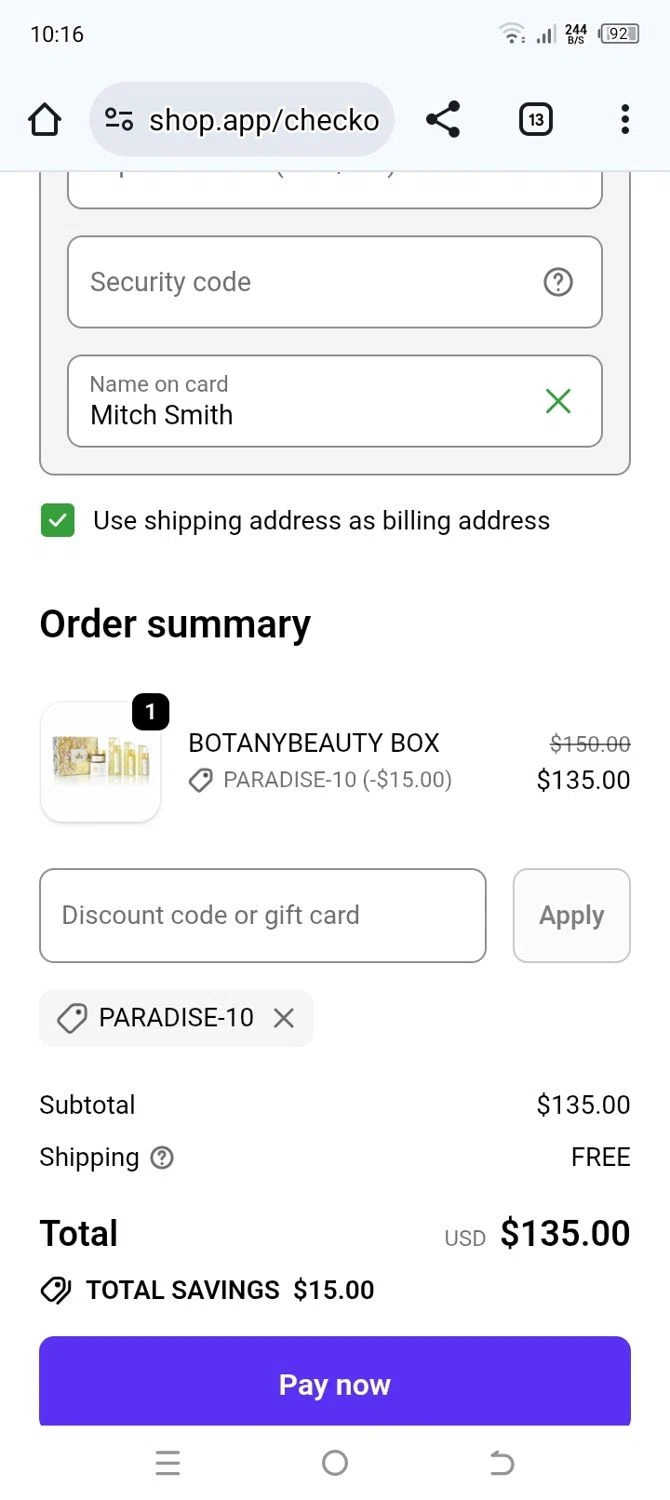 Malie Organics discount code screenshot showing code PARADISE-10 applied at Malie Organics checkout page. Uploaded by SimplyCodes community member ElToro on Dec 9, 2025