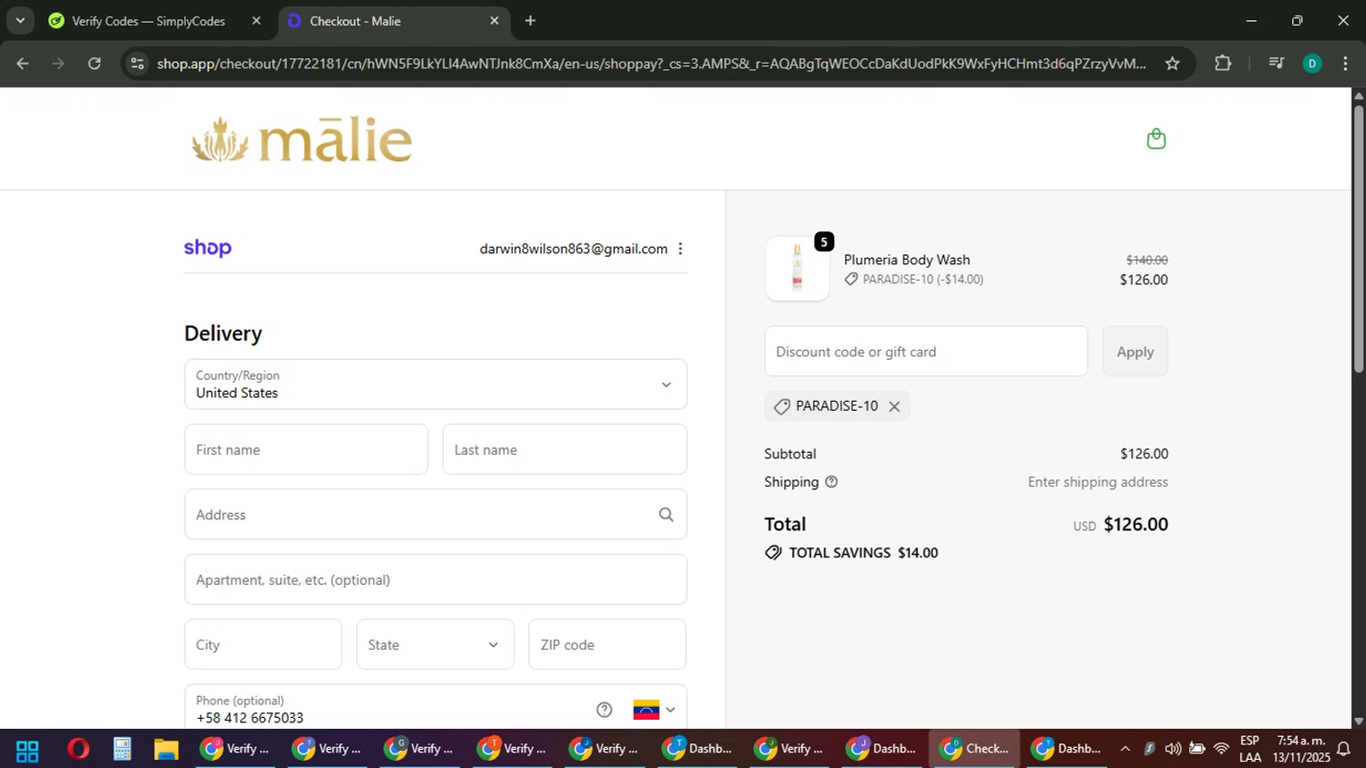 Malie Organics discount code screenshot showing code PARADISE-10 applied at Malie Organics checkout page. Uploaded by SimplyCodes community member ThriftyLion6776 on Nov 13, 2025