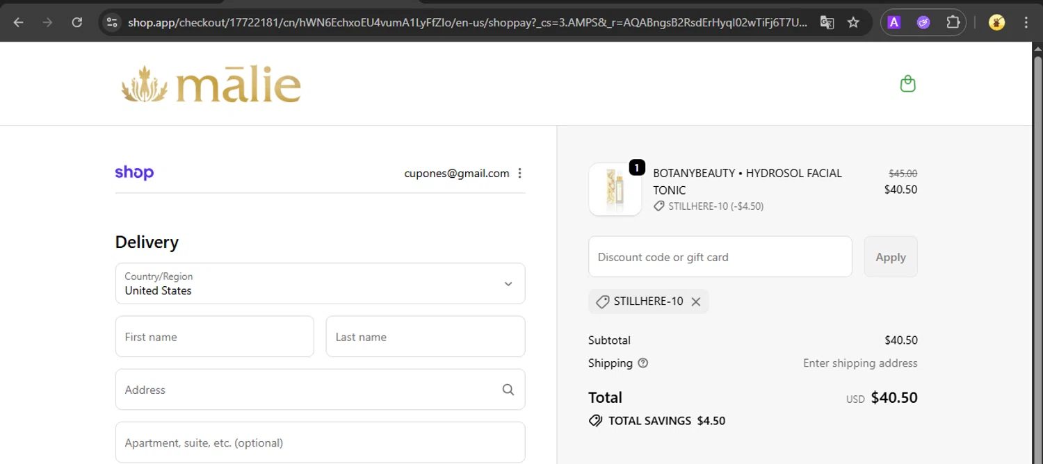 Malie Organics discount code screenshot showing code STILLHERE-10 applied at Malie Organics checkout page. Uploaded by SimplyCodes community member SmartVoyager1455 on Dec 9, 2025