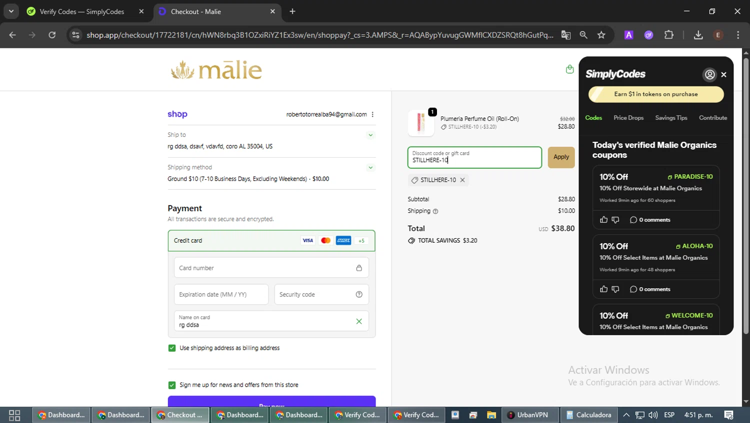 Malie Organics checkout page showing Malie Organics discount code box | Screenshot taken by SimplyCodes community member on Feb 16, 2026