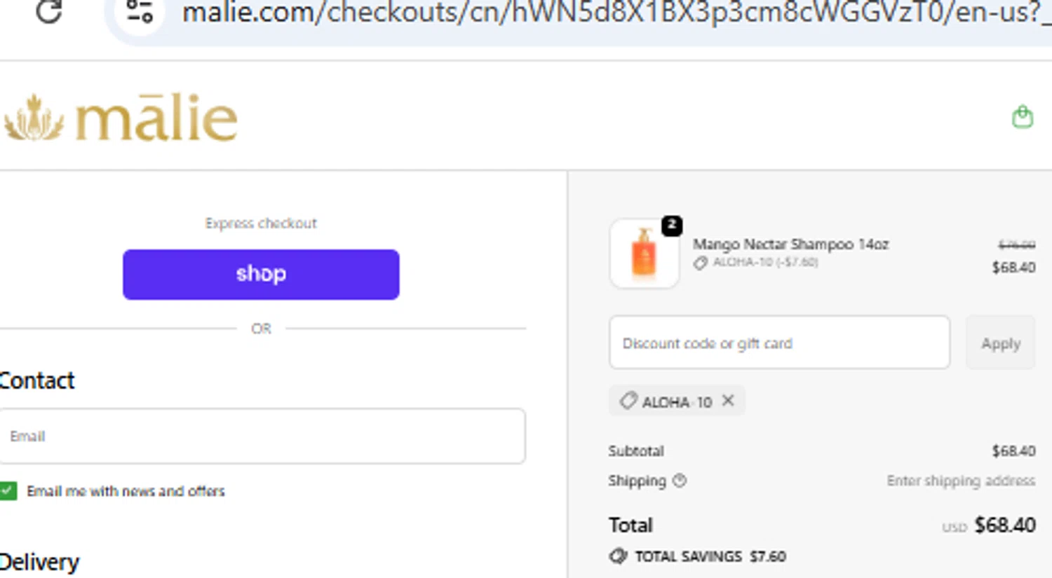 Malie Organics discount code screenshot showing code ALOHA-10 applied at Malie Organics checkout page. Uploaded by SimplyCodes community member PennyOwl2559 on Nov 23, 2025