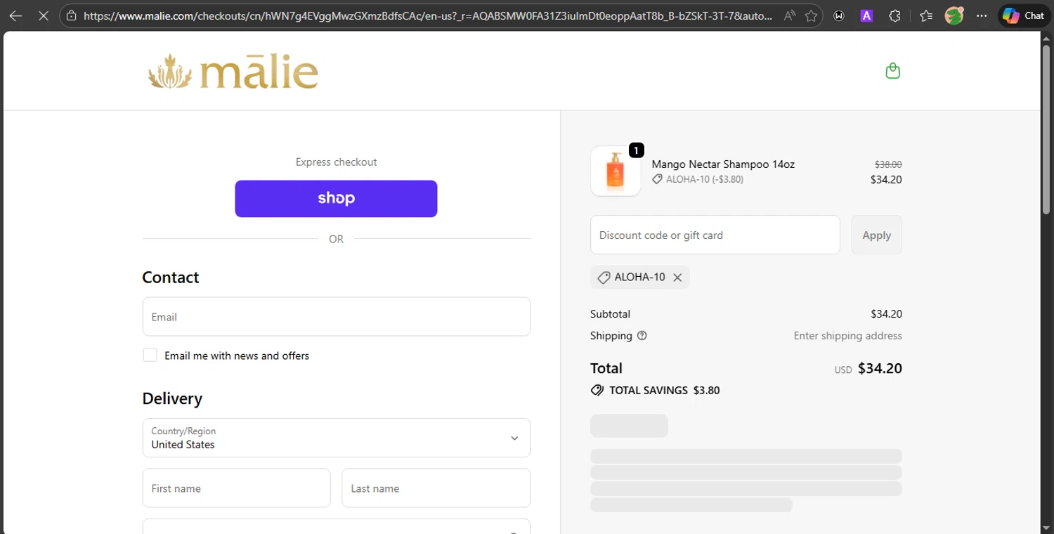 Malie Organics discount code screenshot showing code ALOHA-10 applied at Malie Organics checkout page. Uploaded by SimplyCodes community member PrincessCoupon on Jan 16, 2026