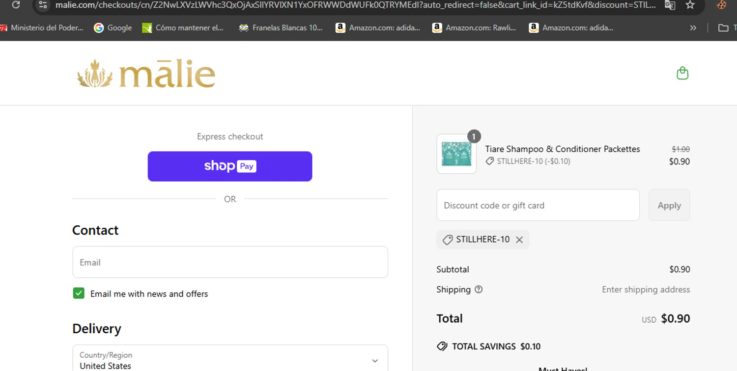 Malie Organics discount code screenshot showing code STILLHERE-10 applied at Malie Organics checkout page. Uploaded by SimplyCodes community member javierprez on Jun 29, 2025