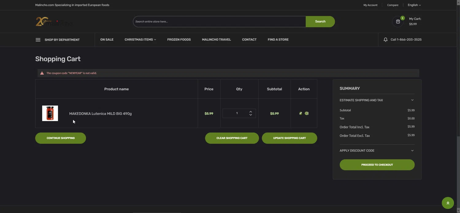 Malincho discount code screenshot showing code NEWYEAR applied at Malincho checkout page. Uploaded by SimplyCodes community member JohannesBrahms on Jan 4, 2025