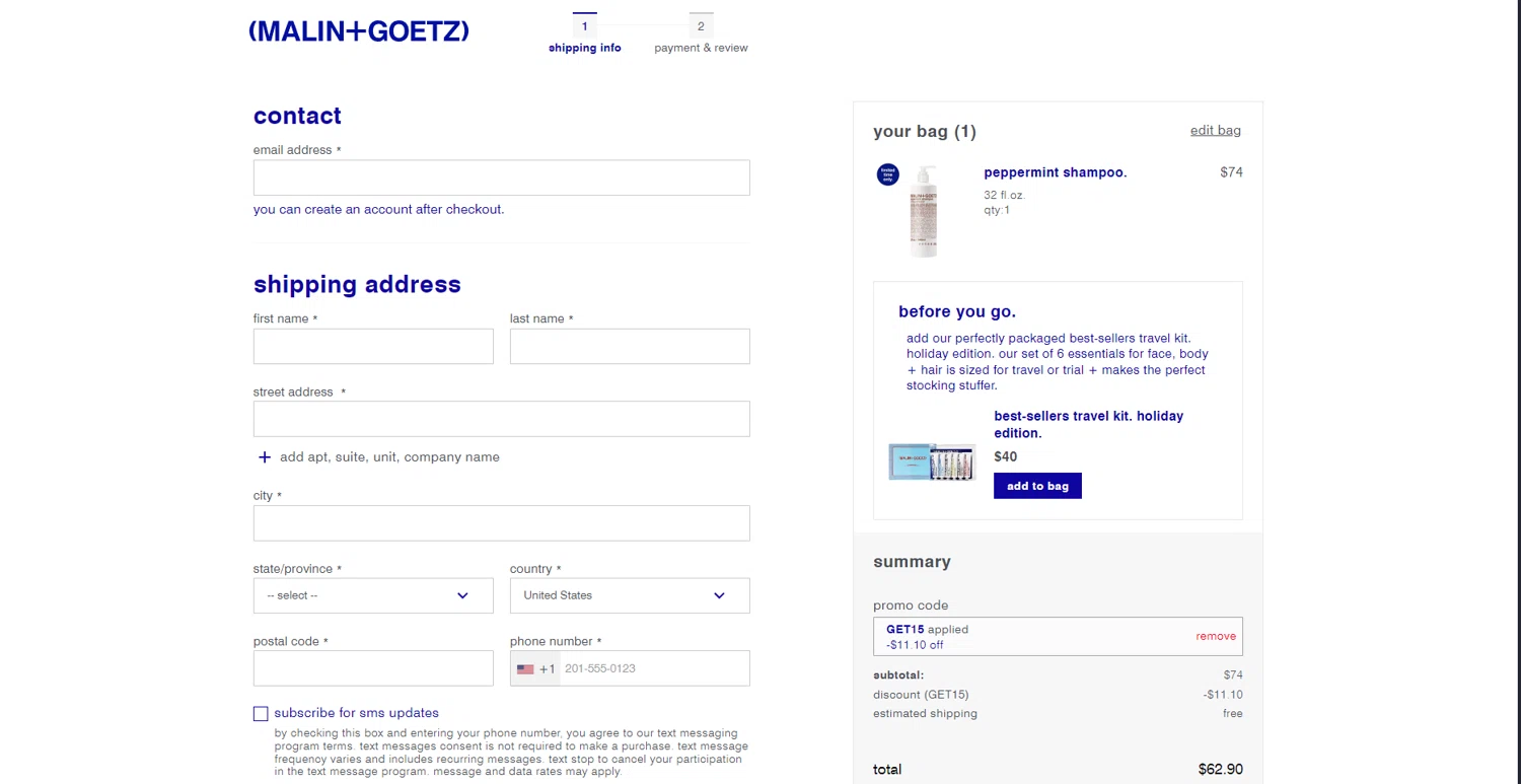 where to use MALIN and GOETZ promo code box