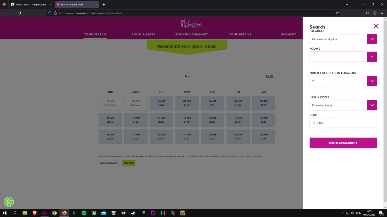 Malmaison checkout page showing Malmaison discount code box | Screenshot taken by SimplyCodes community member on Apr 4, 2023