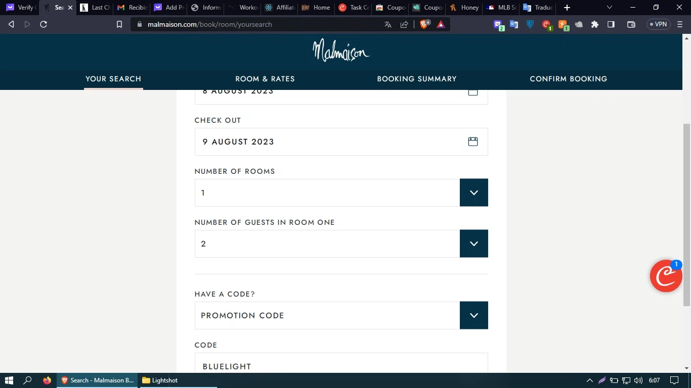 Malmaison checkout page showing Malmaison discount code box | Screenshot taken by SimplyCodes community member on Aug 9, 2023